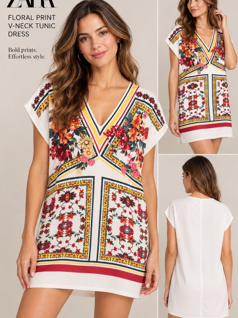 Zara White Shift Dress with Red & Yellow Floral Print, Size M
